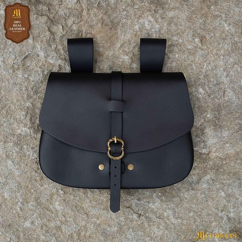 Mythrojan Medieval Leather Belt Pouch Vintage Waist Bag for LARP, Renaissance Fairs, Costumes, Cellphone Holder, Travel Wallet, Fanny Pack, Holster Purse Durable & Stylish Pouch - Black, 6.2â€ x 7â€ - Image 4